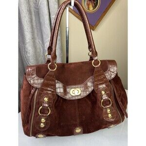 MAXX New York Satchel Purse Suede Leather Croc Embossed Gold Brown Preowned